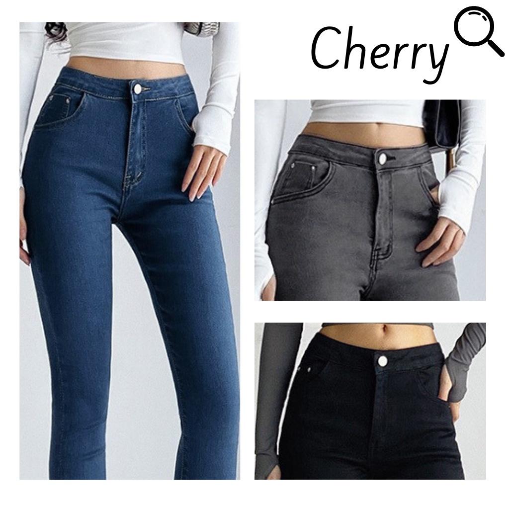 Quần jean nữ lưng cao co giãn dáng ôm có túi CHERRY, quần bò nữ cạp cao ôm bigsize trơn dài basic T022