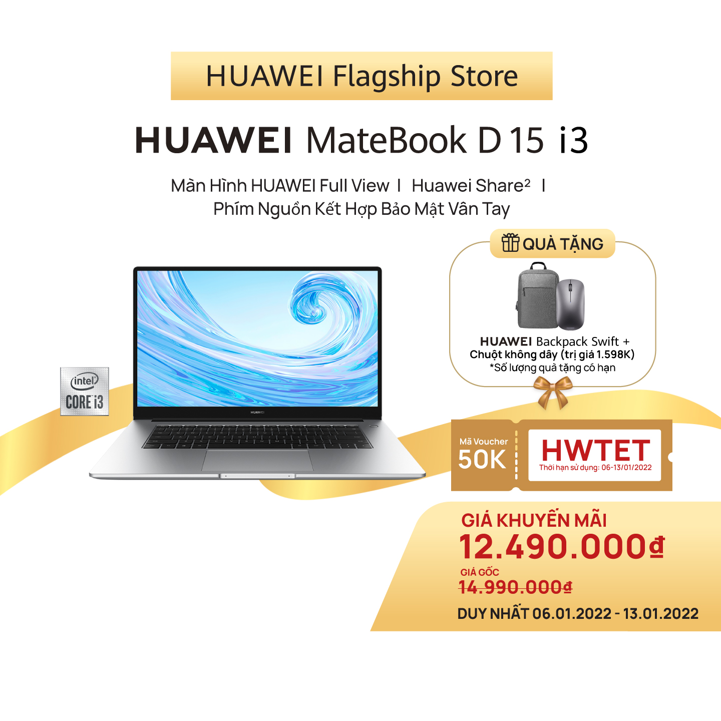 Máy Tính Xách Tay Laptop Huawei Matebook D15 (8GB/256GB) Share | Màn Hình HUAWEI Fullview | | HUAWEI Phím Nguồn Kết Hợp Bảo Mật Vân Tay | Hàng Chính Hãng