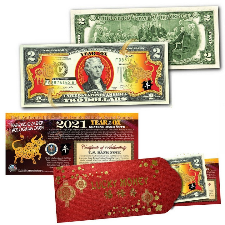 Bao Lì Xì Tiền 2 USD Hình Con Trâu 2021 in hình chú Trâu Vàng Lucky Money bao da xanh- TMT Collection - SP005054