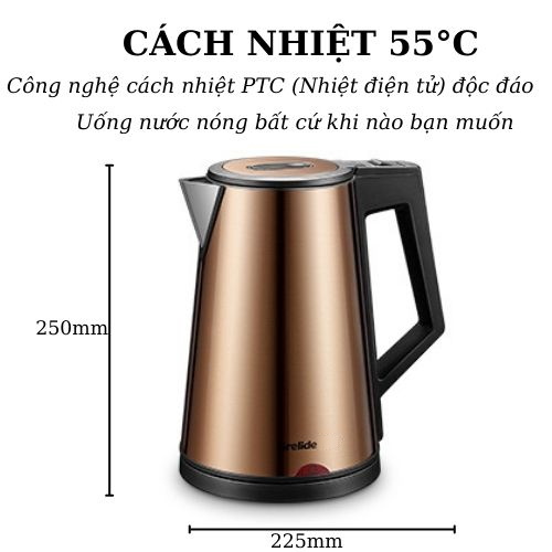 Ấm đun siêu tốc 2 lớp cách nhiệt Grelide D2017k ( 1.7L) hàng chính hãng- thân bình bằng thép không gỉ, lòng ruột đúc inox nguyên khối.