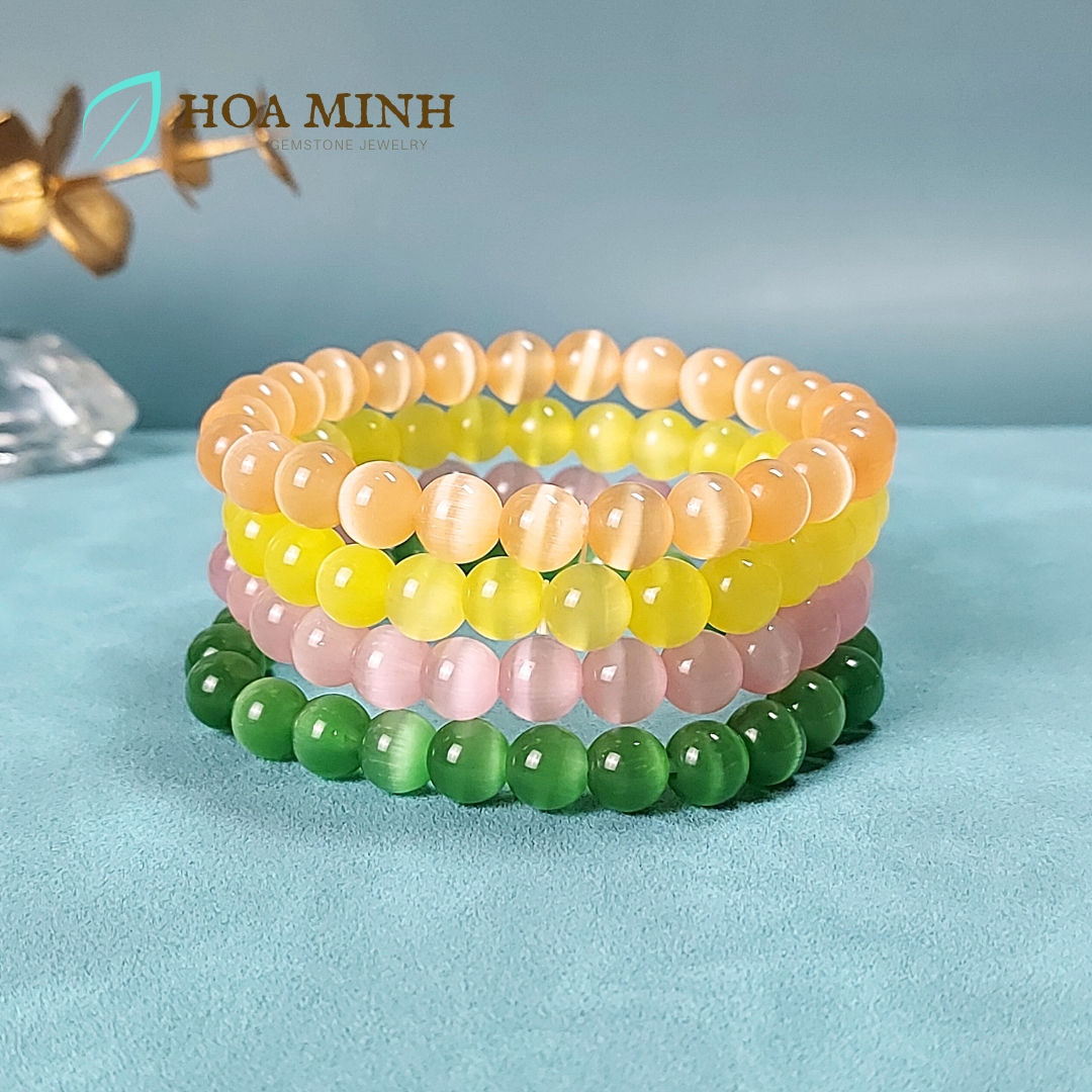 Vòng tay đá Mắt Mèo trơn size hạt 7.8 li đa sắc màu phong cách xinh xắn dễ thương