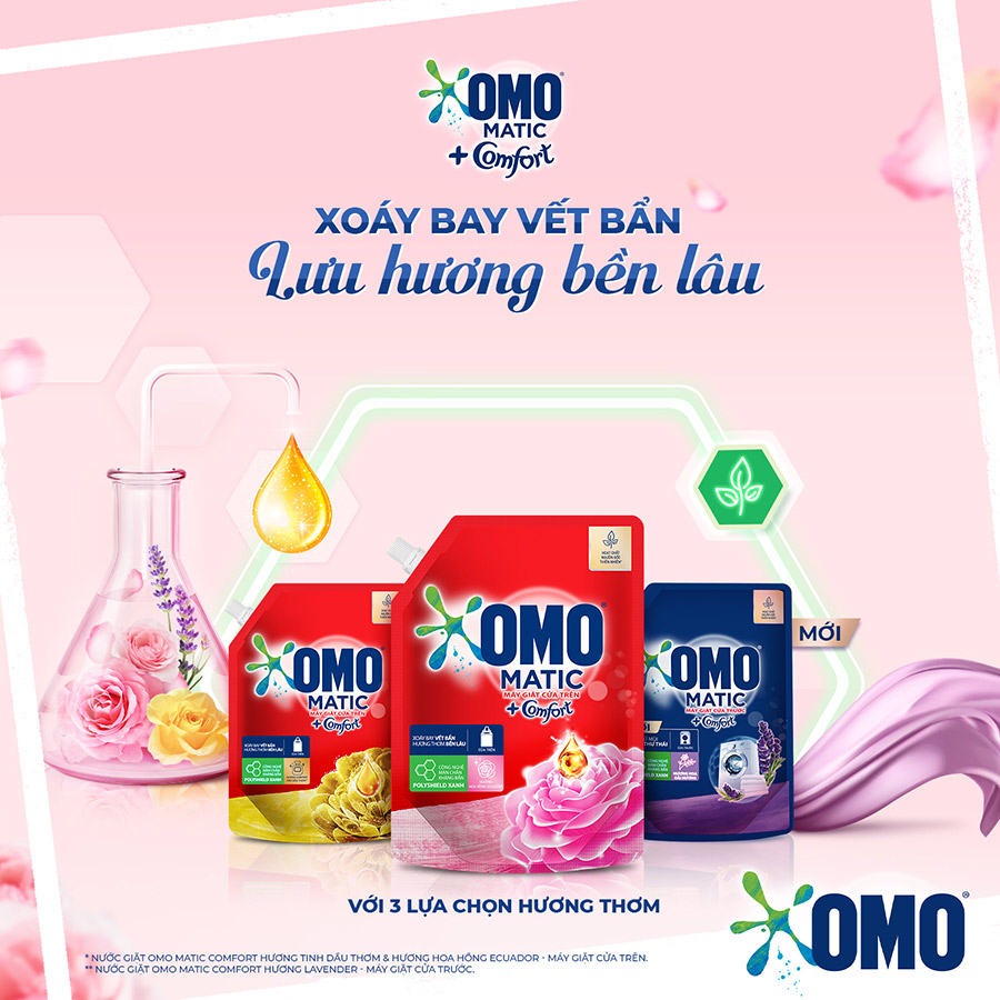 Combo 2 túi Nước giặt OMO Matic Comfort Hương Hoa Hồng Ecuador cho máy giặt cửa trên, túi 4.1kg