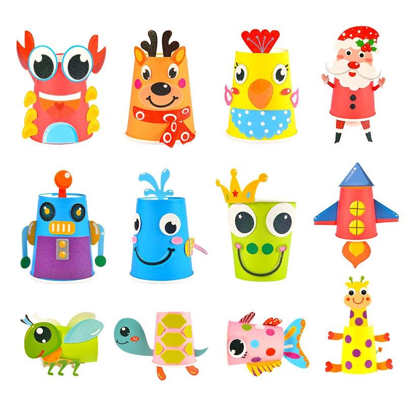 Đồ chơi dán cốc giấy thủ công 12 cốc hình ảnh động vật cho bé - Bộ hình dán màu thủ công tạo hình cốc giấy