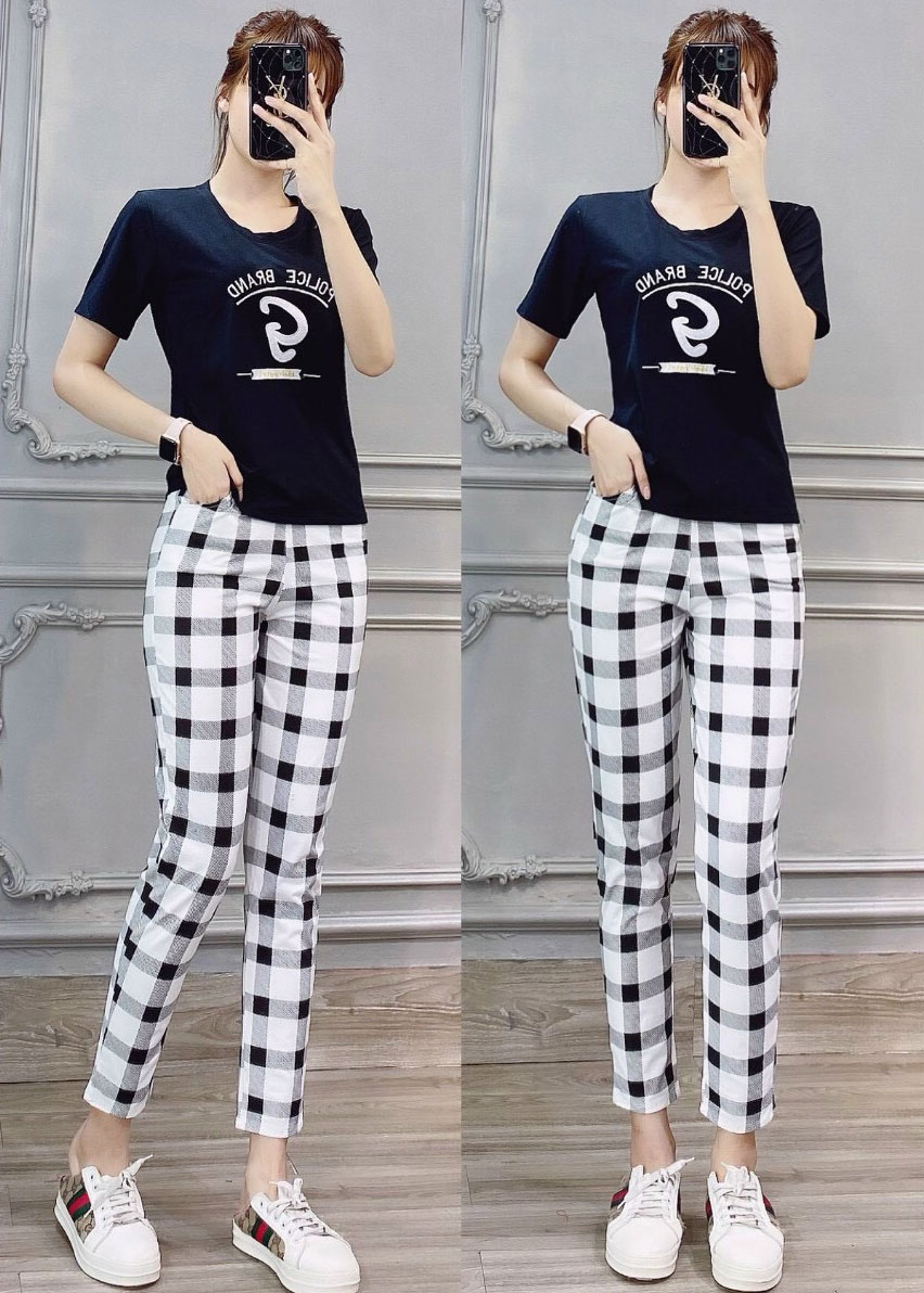 Đồ bộ nữ quần dài caro áo thiêu chữ chất liệu cotton 1841