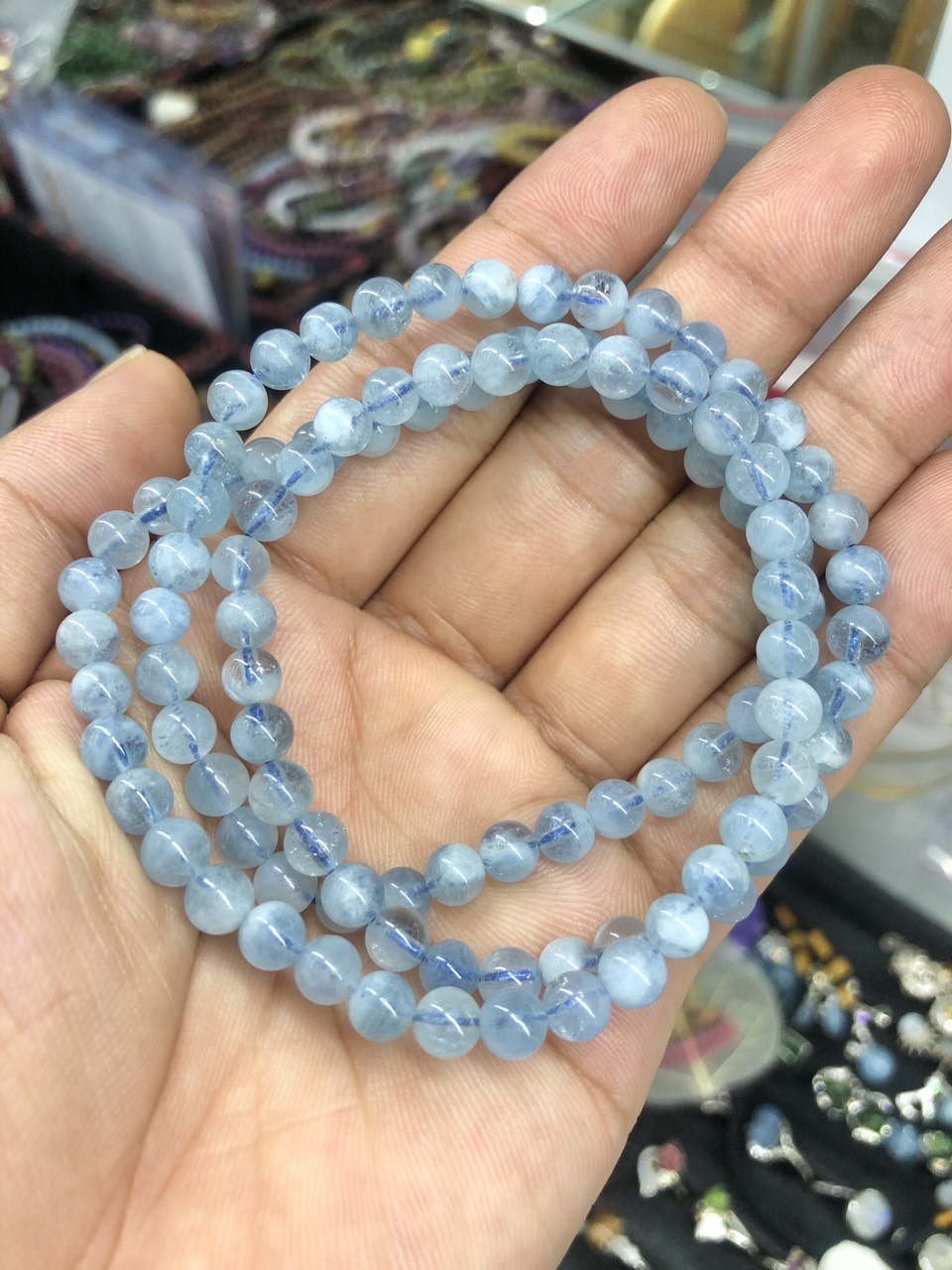 Vòng đeo tay, lắc tay phong thủy quấn 3 vòng đá aquamarine