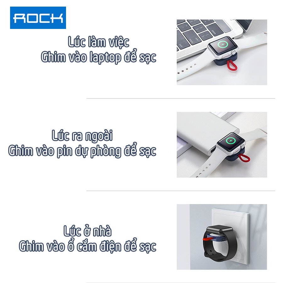 Sạc dành cho Apple Watch không dây bỏ túi thương hiệu ROCK W26 chính hãng - cổng sạc Type C và USB-A - Trắng