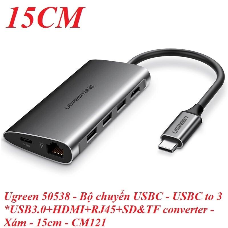 Ugreen UG50538CM121TK 15CM màu Xám Bộ chuyển đổi TYPE C sang 3 USB 3.0 + HDMI + LAN + TF SD + nguồn TYPE C vỏ nhôm - HÀNG CHÍNH HÃNG