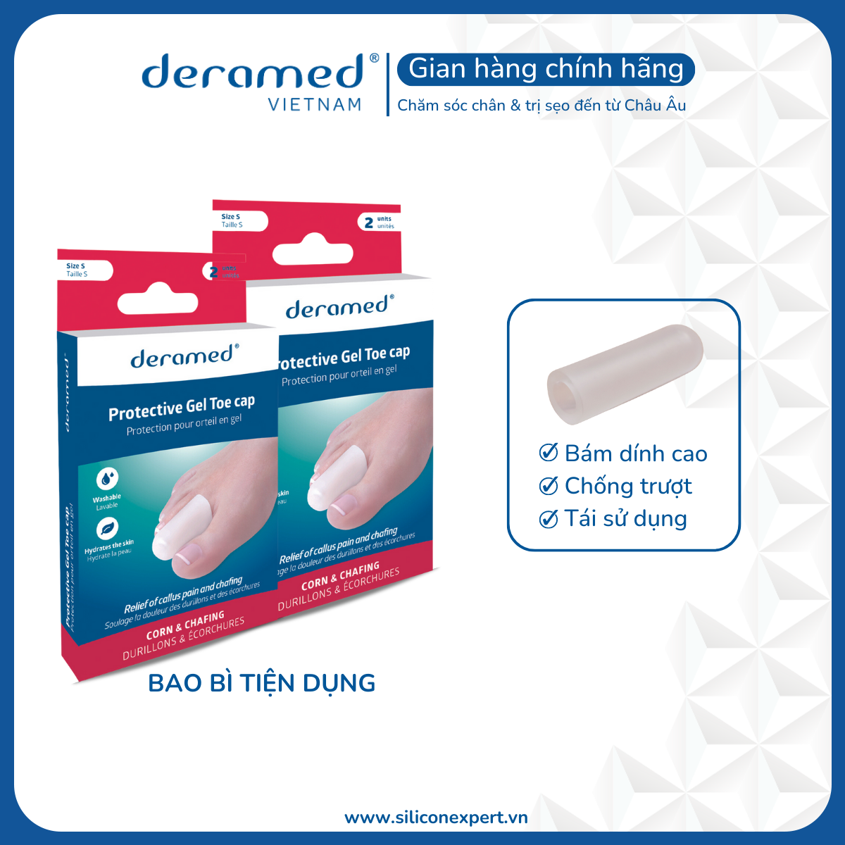 NẮP GEL BẢO VỆ NGÓN CHÂN KHỎI MA SÁT & CHAI SẦN DERAMED ÊM ÁI VÀ GIẢM ĐAU TỨC THÌ - 1 CẶP - SẢN XUẤT TẠI TÂY BAN NHA