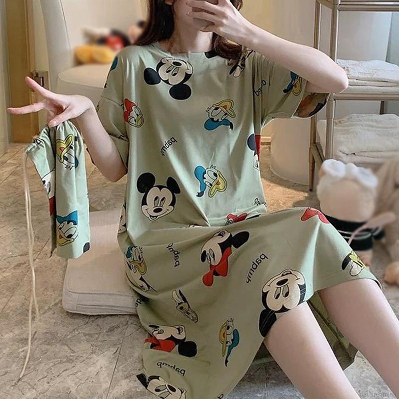 Đầm Ngủ Ngắn Tay In Họa Tiết Hoạt Hình Xinh Xắn Dành Cho Nữ