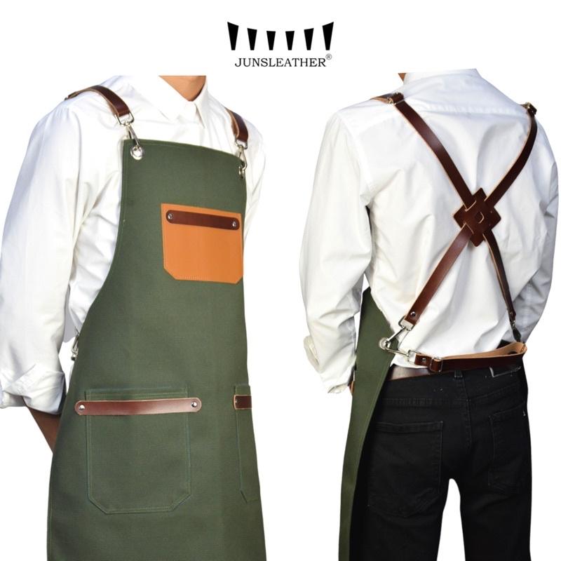 Tạp dề pha chế vải canvas dây da của Junsleather phối da bò cao cấp dành cho Barista/Bartender