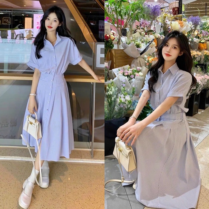 ĐẦM DÀI MIDI SUÔNG CỔ SƠ MI XANH BABY BLUE PASTEL SỌC TAY NGẮN XẾP LY XÒE MAXI DẠO PHỐ ĐI TIỆC ĐI BIỂN ĐI CHƠI CÔNG SỞ