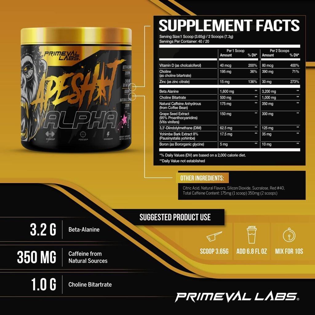 Pre Workout Primeval Labs Apeshit Alpha Giúp Tập Trung Tinh Thần, Tỉnh Táo, Tăng Sức Mạnh (150 Gram)