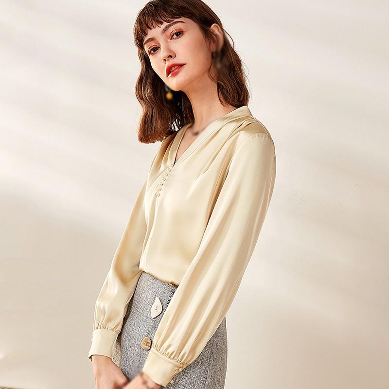 Áo Kiểu Tay Dài Cổ Chữ V Thiết Kế Màu Trơn Thanh Lịch Dành Cho Nữ