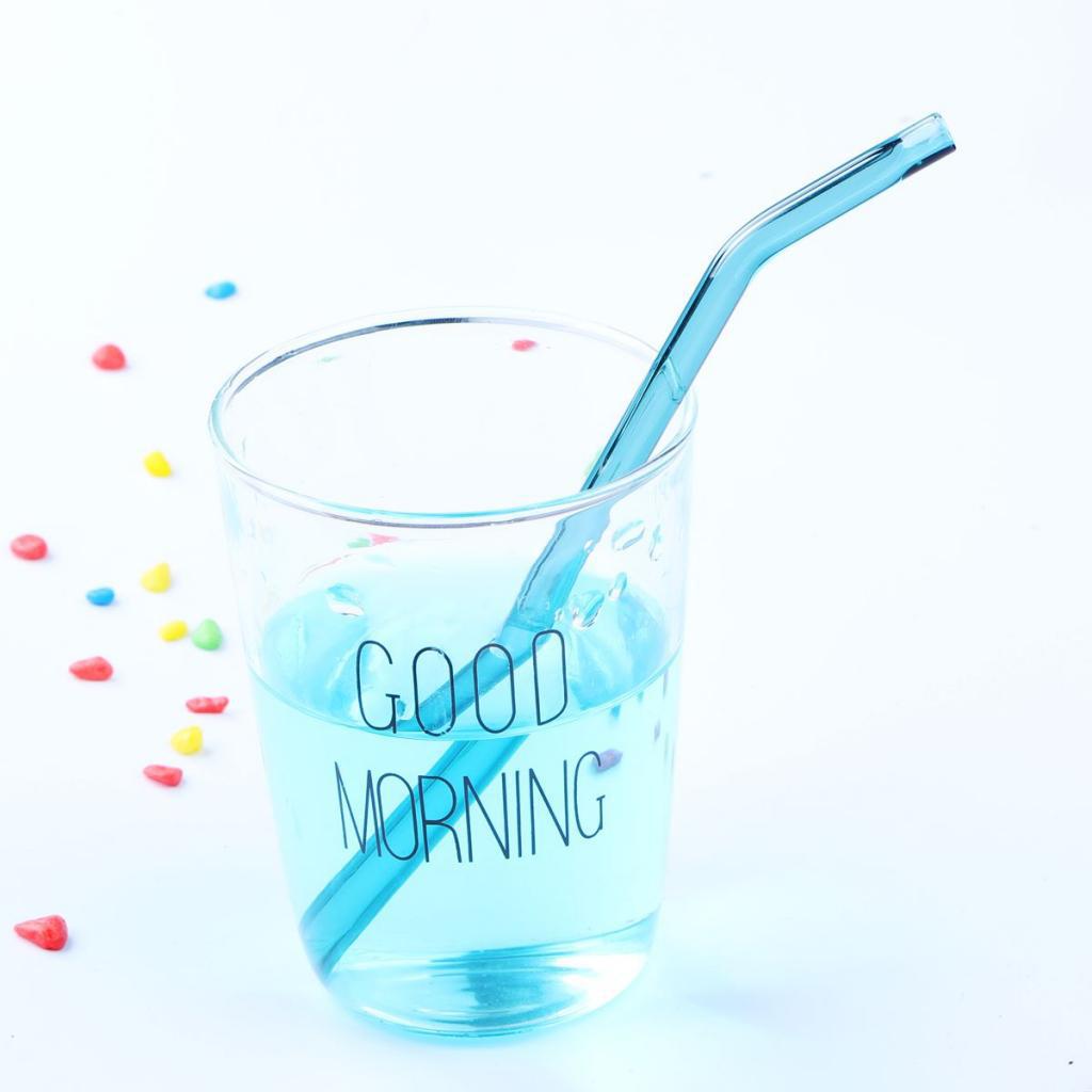 Eco friendly Curved Glass Drinking Straws with Cleaning Brush Lake Blue