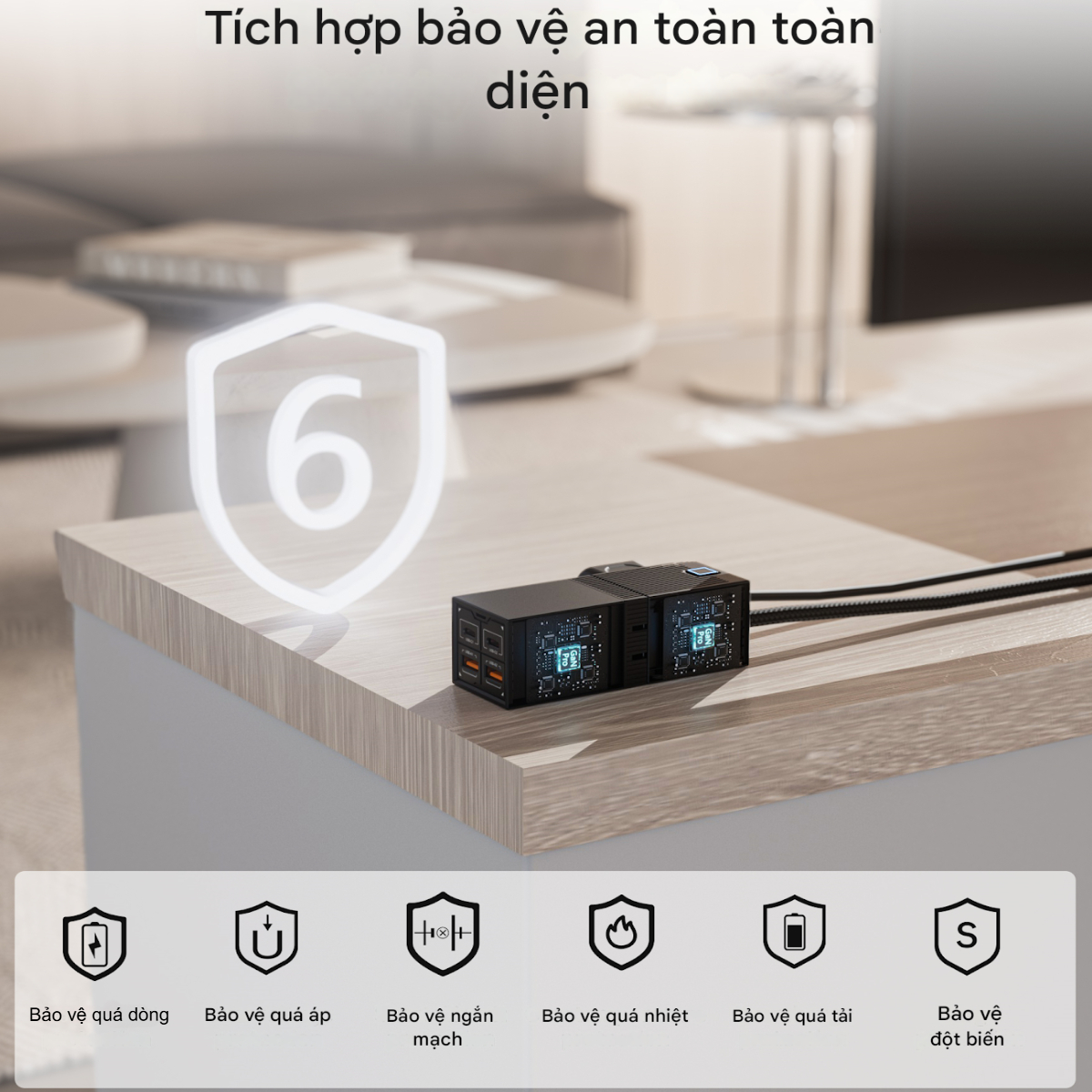 Bộ sạc nhanh GaN Pro 65W (2 Type C+ 2 USB-A) Choetech PD8054 kèm dây AC nối dài 1.5m - Hàng chính hãng