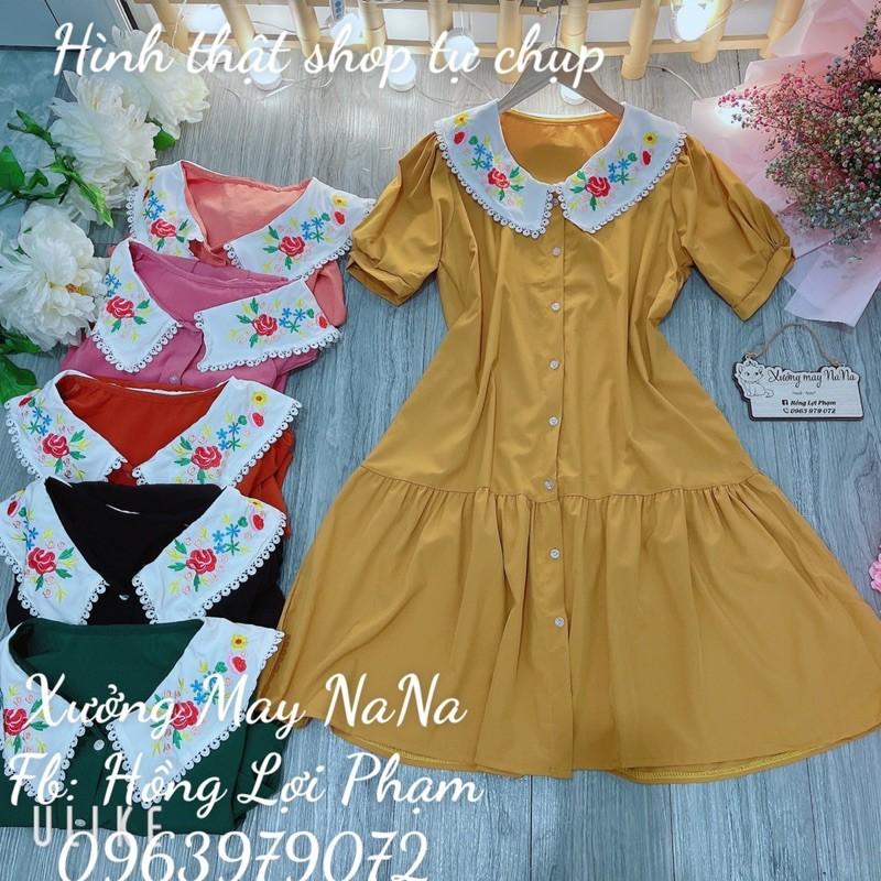 Đầm cổ thêu hoa tay phồng dễ thương