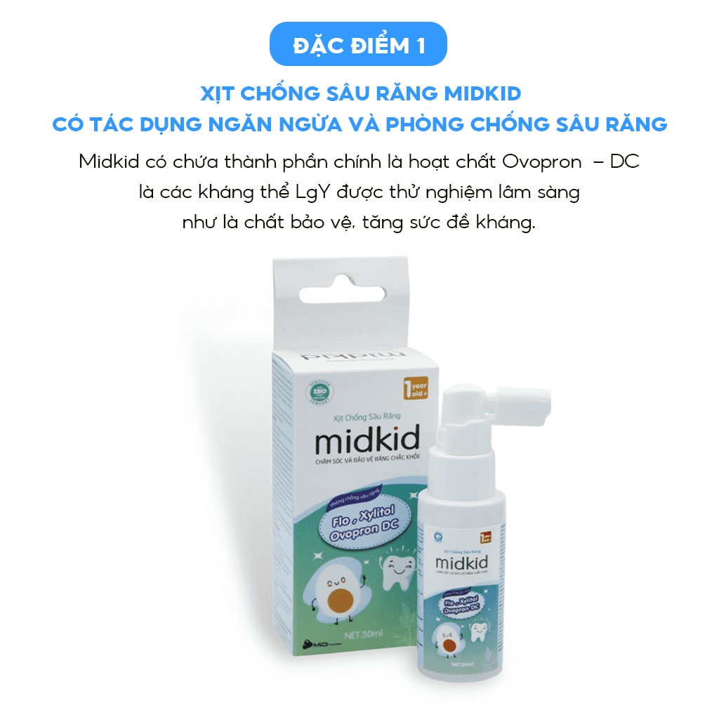 Xịt chống sâu răng Midkid cho bé từ 1 tuổi giúp làm sạch và bảo vệ men răng, ngăn ngừa mảng bám ố vàng, viêm lợi, hà mủn