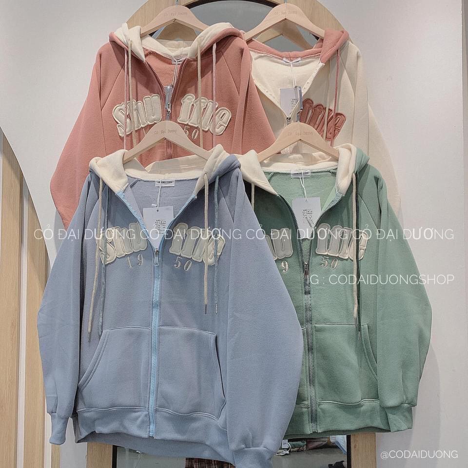 Áo Khoác Nam Nữ Kéo Khóa Form Rộng 1950 Thêu Chữ Nổi Nhiều Màu Ulzzang