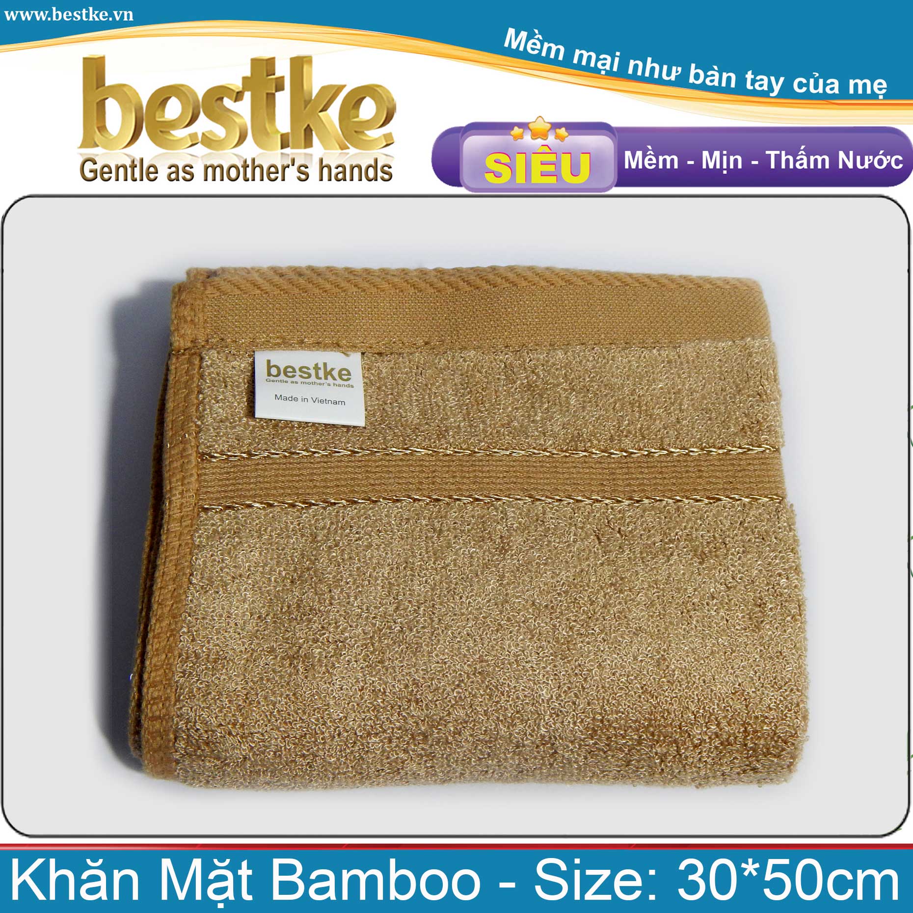 Khăn mặt sợi tre bestke, Set 10 cái màu nâu size 30*50cm = 60g/cái, Bamboo Towels