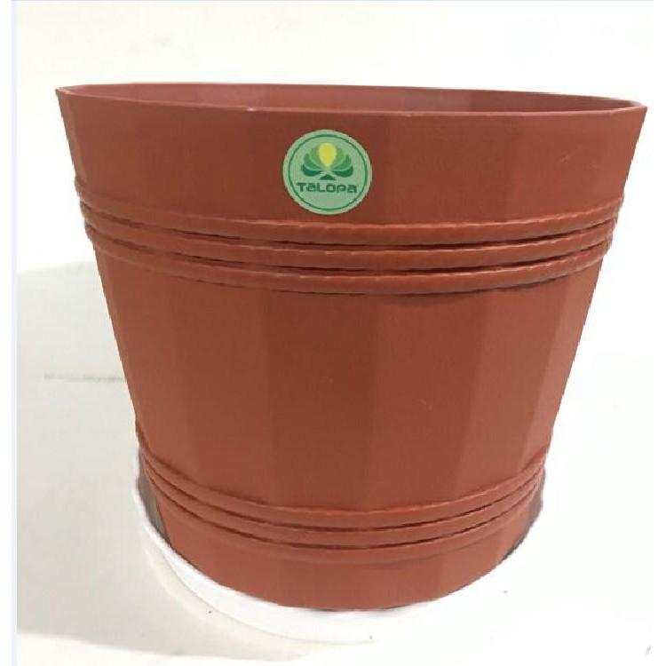 Chậu Nhựa Tròn Kiểu Dáng Thùng Gỗ, Chậu Để Bàn màu nâu