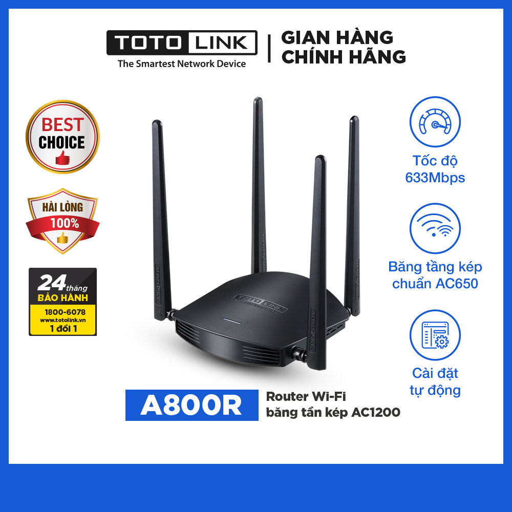 Router Wi-Fi Băng Tần Kép AC1200 Totolink A800R - Hàng Chính Hãng