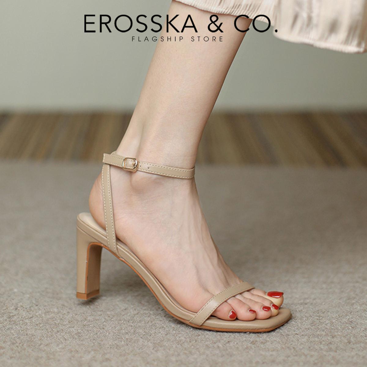 Erosska - Giày sandal cao gót nữ mũi vuông quai mảnh cao 8cm - EB054