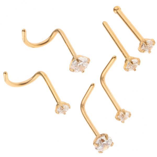 2x6 Pieces Stainless Steel Zircon Crystal Screw Curved Nose Piercing Gold