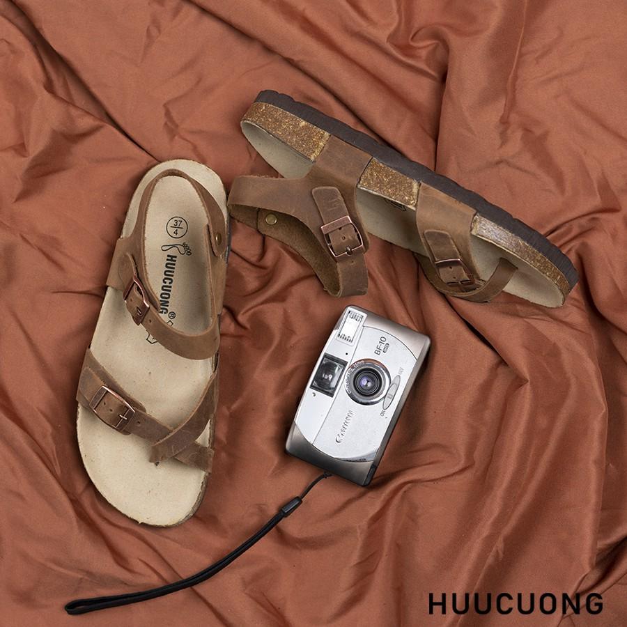 Giày Sandal Unisex HuuCuong xỏ ngón da bò nâu đế trấu