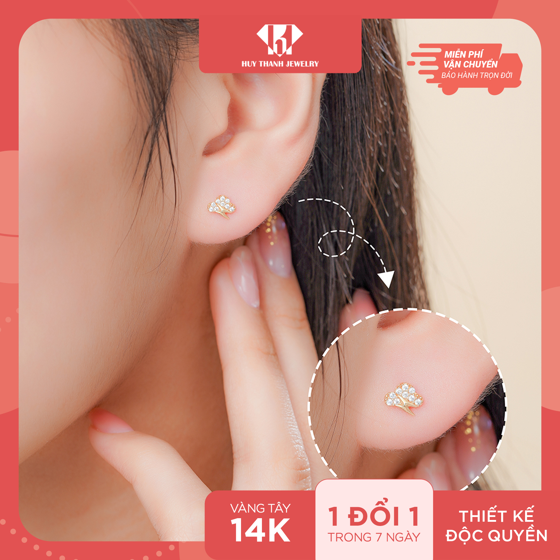 Bông Tai Nữ Vàng 14K BTAM36 Huy Thanh Jewelry