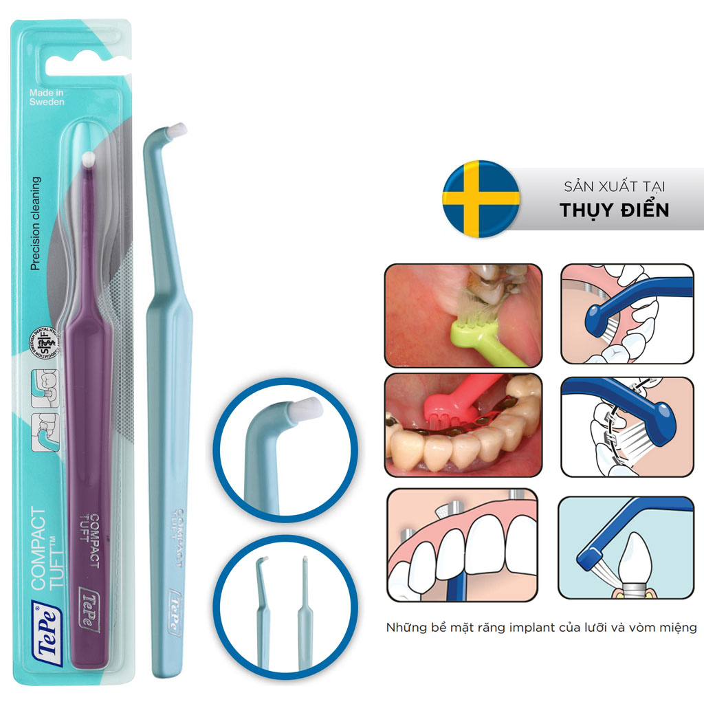 Bàn chải đánh răng đầu hình vòm cho người niềng răng, chỉnh nha, răng implant riêng lẻ Tepe Compact Tuft - Màu ngẫu nhiên