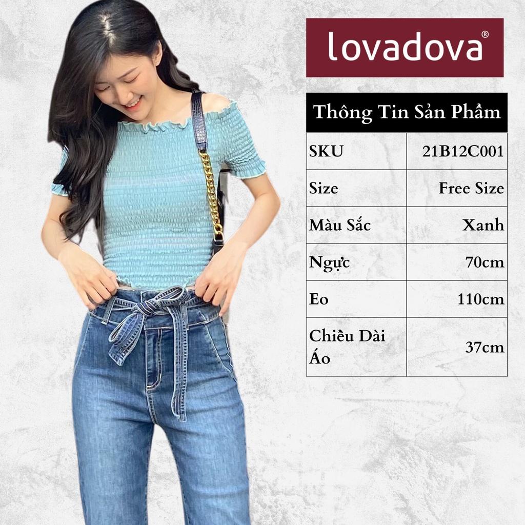 Áo Thun Kiểu Nữ, Ngắn Tay, Cách Điệu Cúp Ngực, Tay Bèo, Màu Xanh - Lovadova 21B12C001