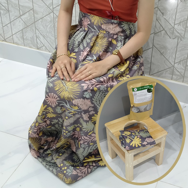 Ghế xông hơi vùng kín bà đẻ gỗ thông cao cấp cùng Váy xông giữ nhiệt và Thảo dược xông hơi vùng kín