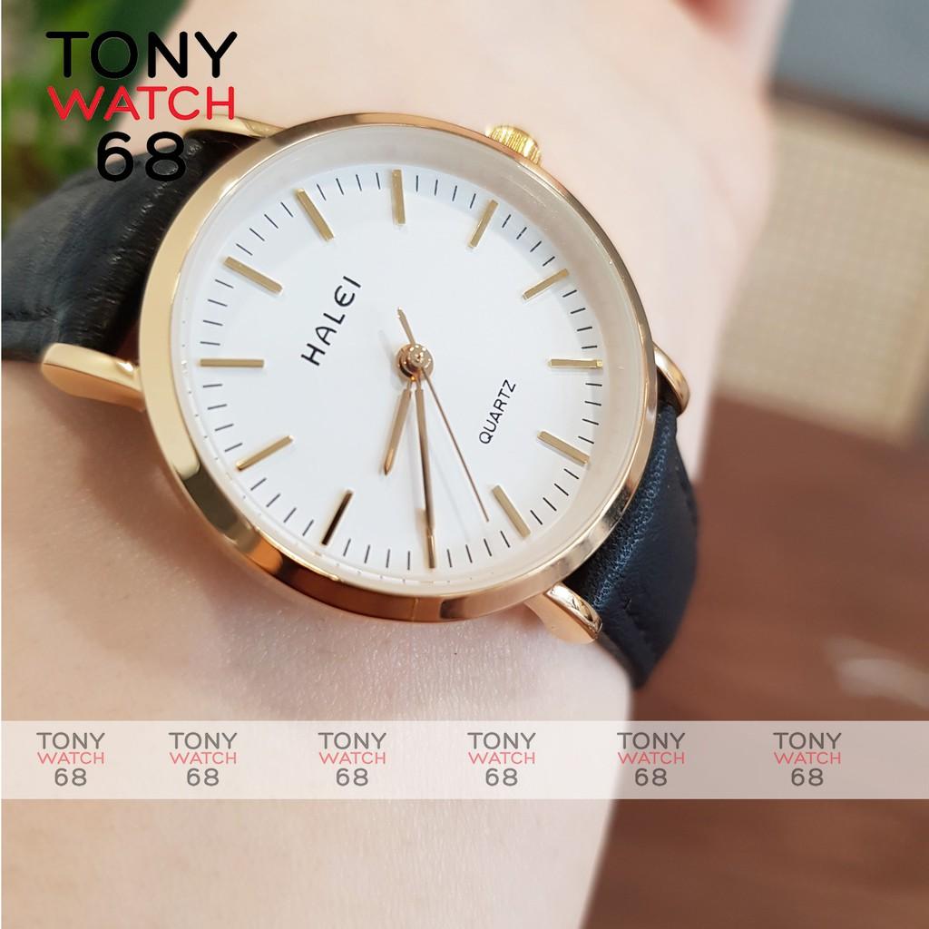 Đồng hồ nữ Halei dây da nâu mặt số vạch chính hãng Tony Watch 68