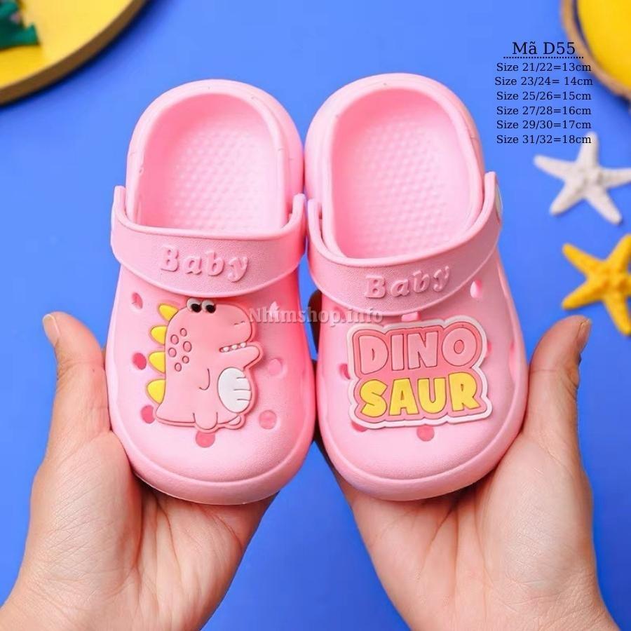 Dép cho bé gái 1, 2, 3, 4, 5 tuổi màu hồng họa tiết khủng long siêu xinh sục nhựa êm nhẹ chống trơn trượt D55