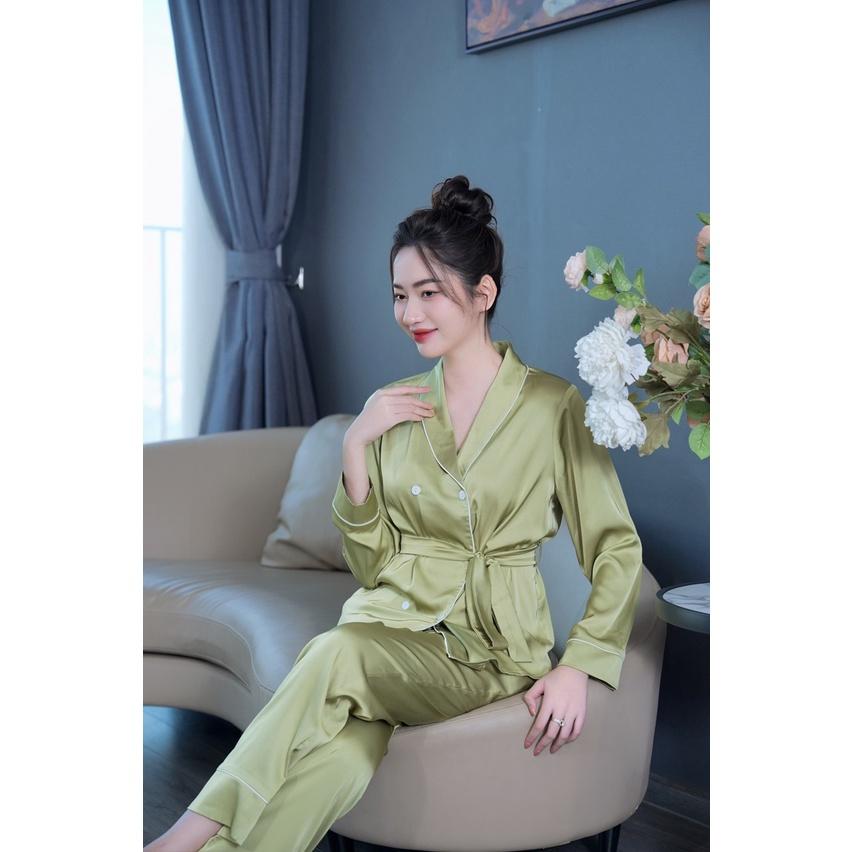 Bộ mặc nhà Pyjama lụa cao cấp Tea Store cổ sam tay dài màu Xanh Bơ siêu sang