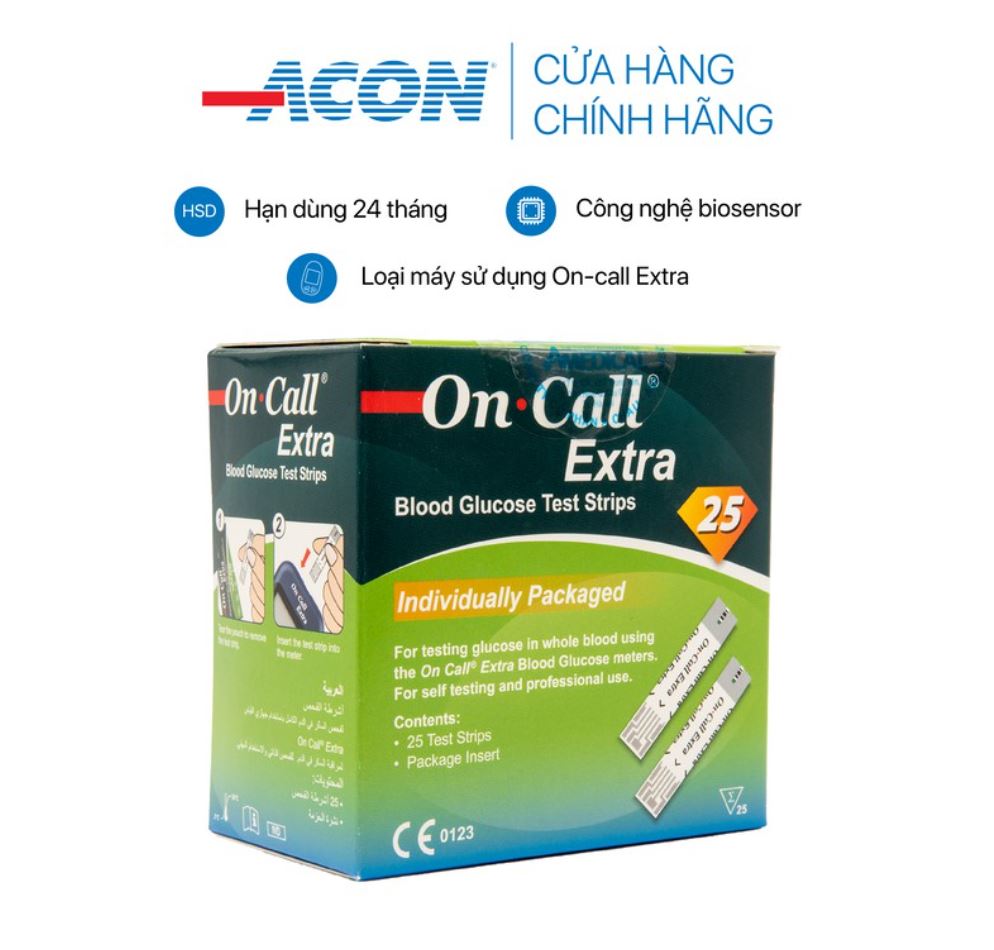 Hộp 25 Que thử đường huyết On Call Extra, NK chính ngạch, Tem niêm phong, nhãn phụ TV đẩy đủ