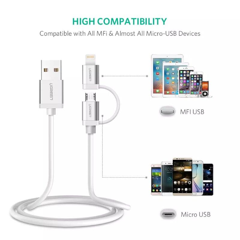Ugreen UG30669US165TK 1M màu Bạc Cáp sạc đa năng USB sang MicroUSB + Lightning - HÀNG CHÍNH HÃNG