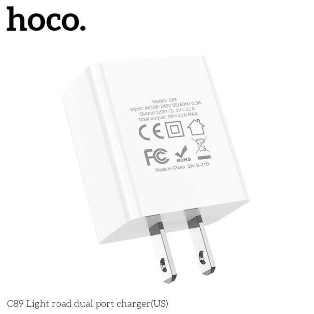 Củ Sạc Dành Cho Hoco C89 2 Cổng USB, Sạc Nhanh 2.1A Max, Chân Cắm Tiêu Chuẩn US, Nhựa ABS Và PC Chống Cháy Nổ - Hàng Chính Hãng