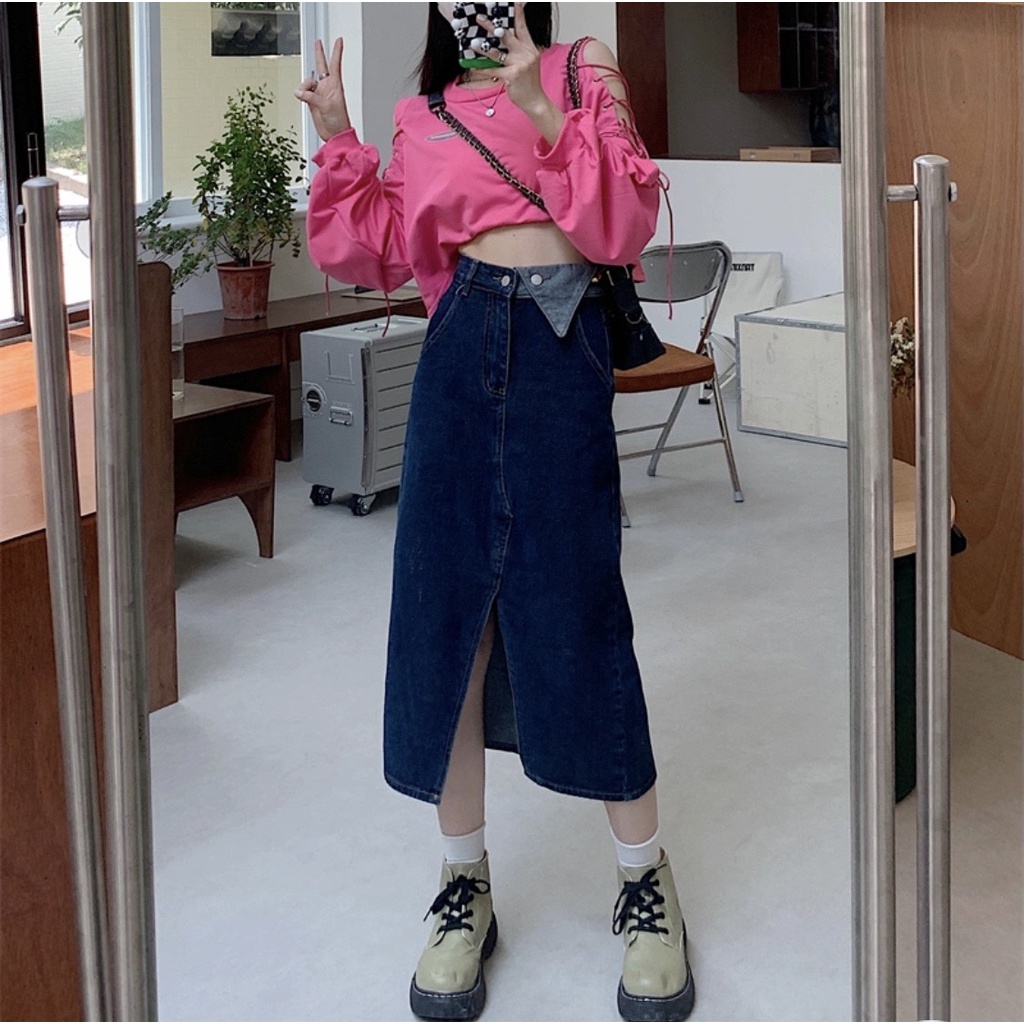 Chân Váy Jeans Cạp Tam Giác Dáng Dài Chữ A Xẻ Giữa