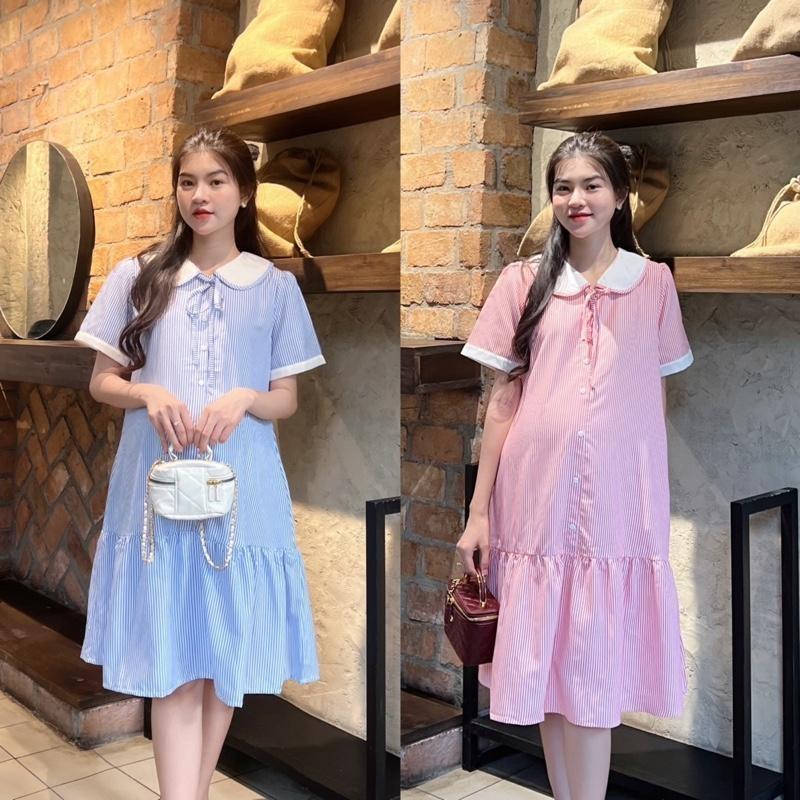 Đầm Bầu Công Sở Kẻ Sọc Phom Đuôi Cá Phối Viền Tay Trẻ Trung Chất Cotton Mềm Mát Mẻ Cho Mùa Hè - Đen