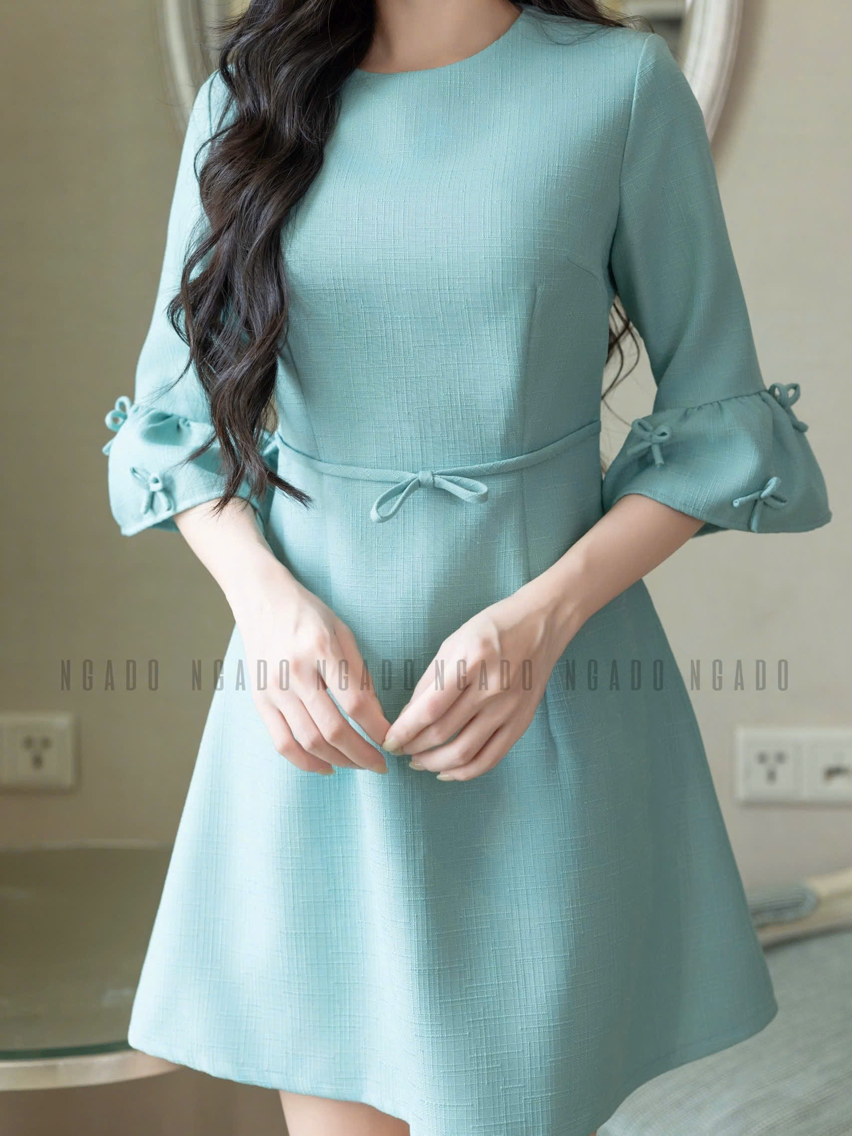 Đầm xanh mint tay chuông NGADO , đầm kiểu Nữ , đầm công sở , dự tiệc