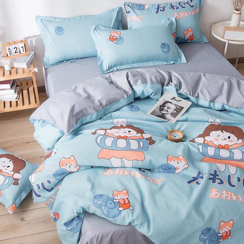 Bộ chăn ga gối Cotton poly M2T bedding gồm vỏ chăn mền, drap ga giường và 2 vỏ gối nằm - PL Cô bé nhật