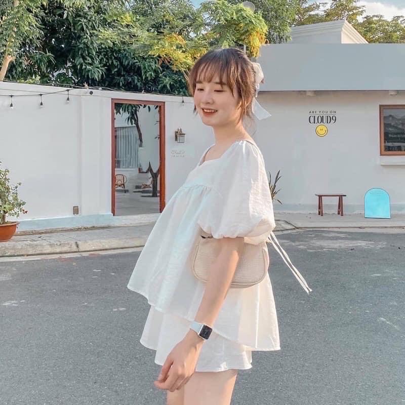 Sét áo đũi babydoll và quần sooc trắng siêu đẹp
