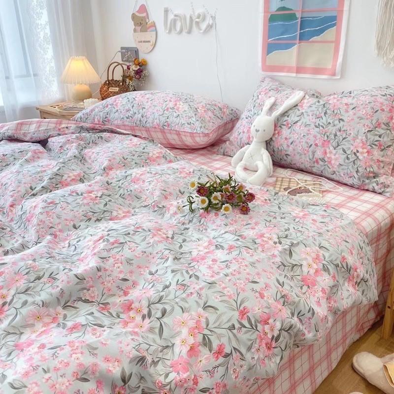 Set Cotton Living 100%cotton Hàng Nhập Khẩu Cao Cấp 4 Món Hoa Nhí Hồng