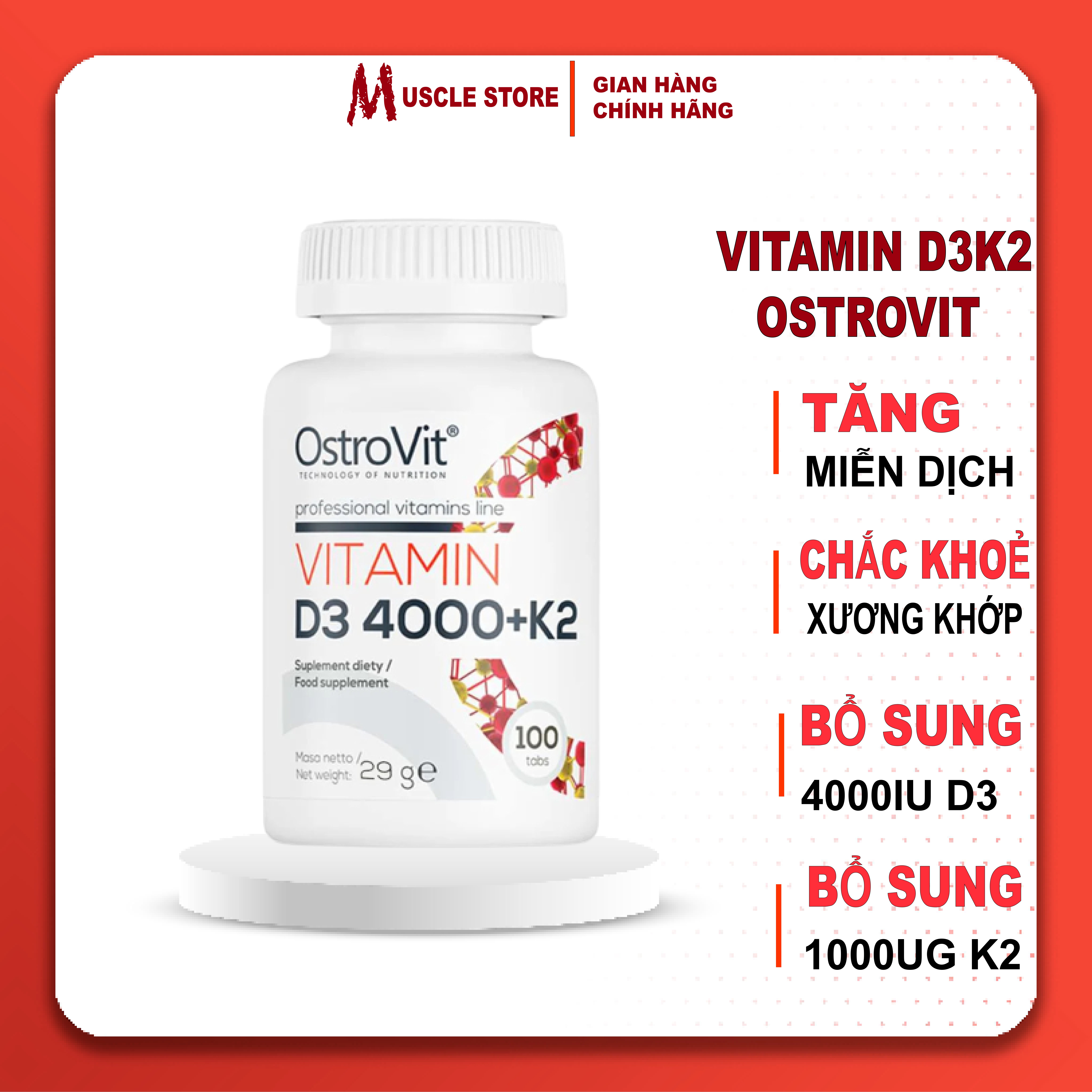 OstroVit Vitamin D3 4000 + K2 (100 viên), Hỗ Trợ Hệ Miễn Dịch, Giúp Xương Răng Chắc Khỏe, Nhập Khẩu Ba Lan