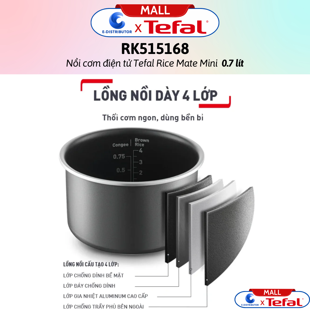 Nồi cơm điện tử Tefal Rice Mate Mini 0.7 lít RK515168 - Hàng Chính Hãng - Bảo Hành 12 Tháng - Dung tích: 0.7 lít Công suất:350W