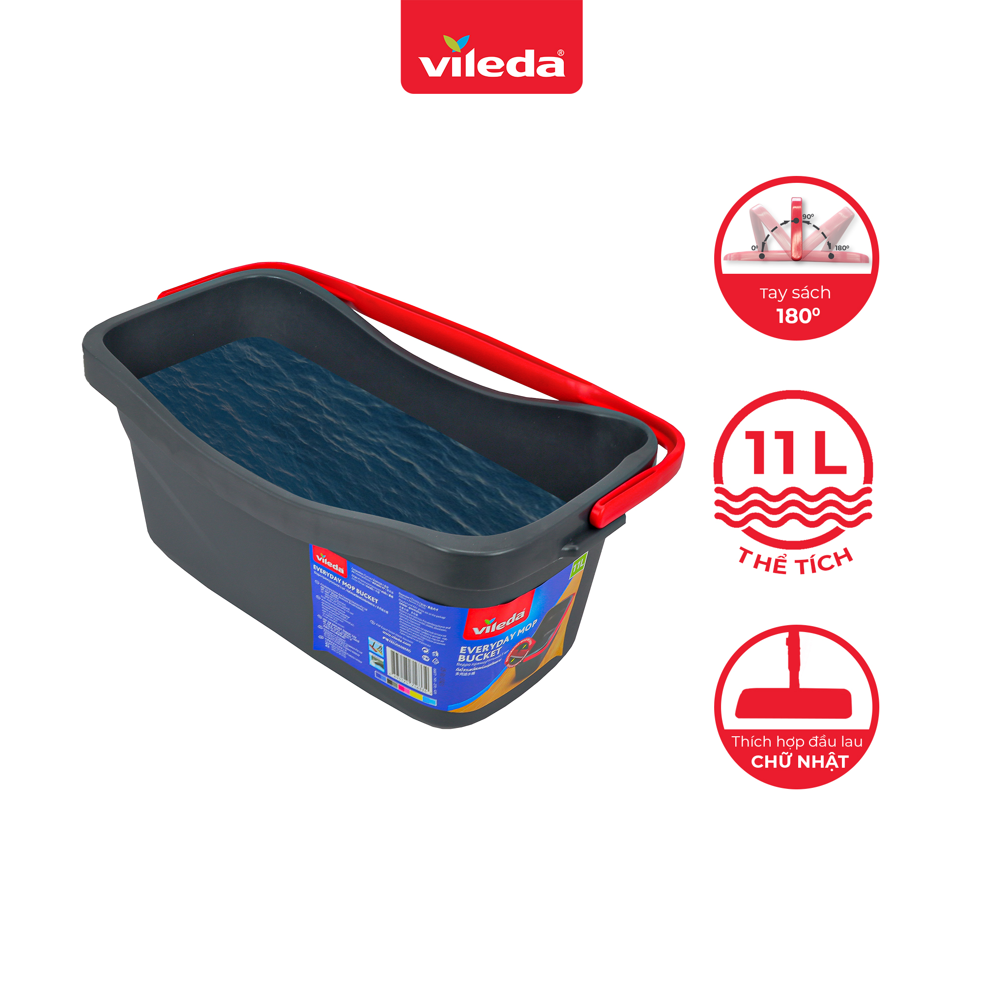 Thùng giặt cây lau nhà VILEDA Everyday Mop Bucket dung tích 11L, phù hợp cây lau tự vắt, bản rộng, chữ nhật - TSU160444