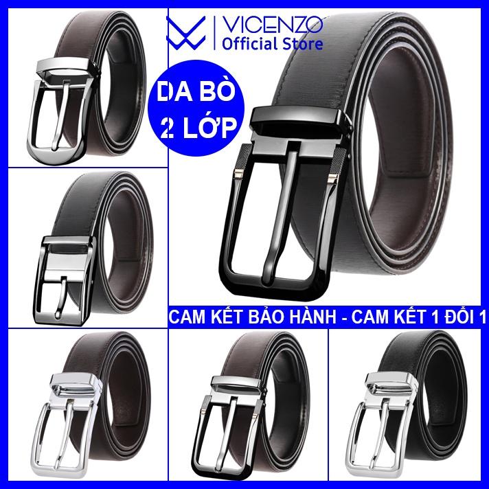 Thắt Lưng Nam DA BÒ HAI LỚP Khóa Hợp kim đúc Cao Cấp Vicenzo, Dây thắt lưng nam dây đục lỗ sử dụng hai mặt