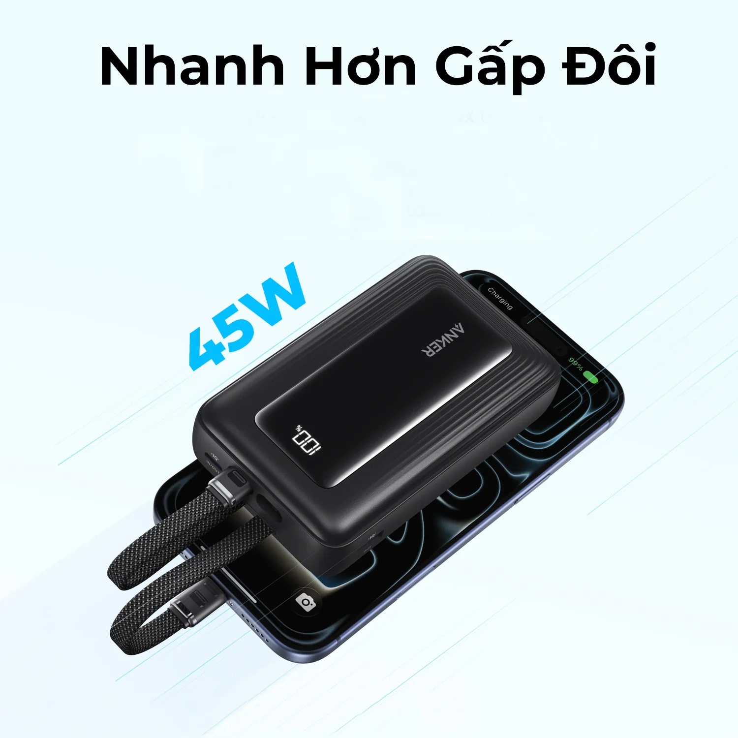Pin Sạc Dự Phòng Anker Zolo A110M 20.000mAh 45W Kèm 2 Cáp USB-C Tích Hợp - Hàng Chính Hãng