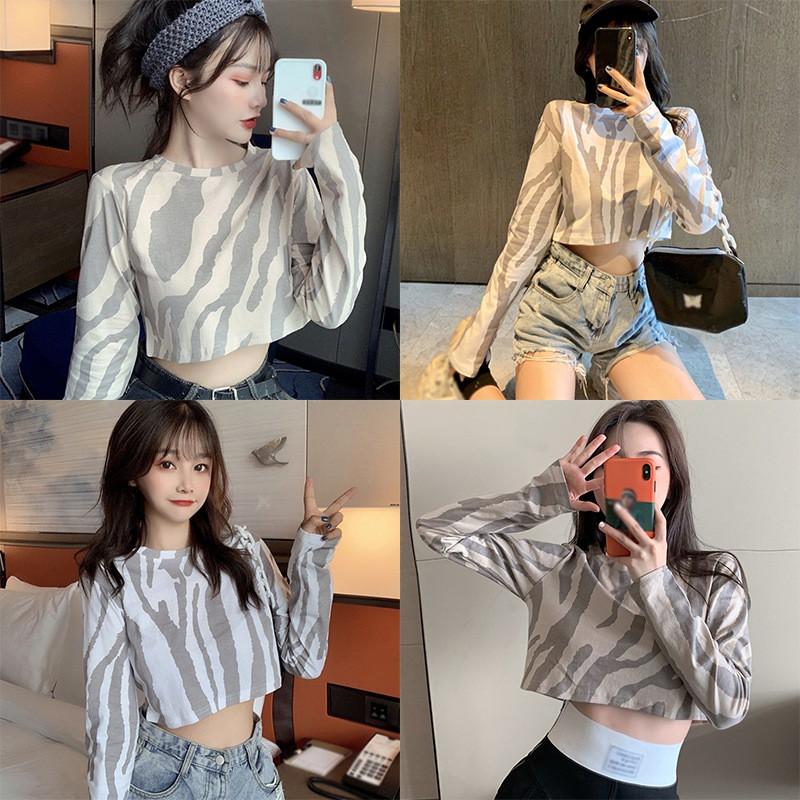 Áo crop top thời trang cho phái nữ tay dàI dáng rộng họa tiết sọc ngựa vằn